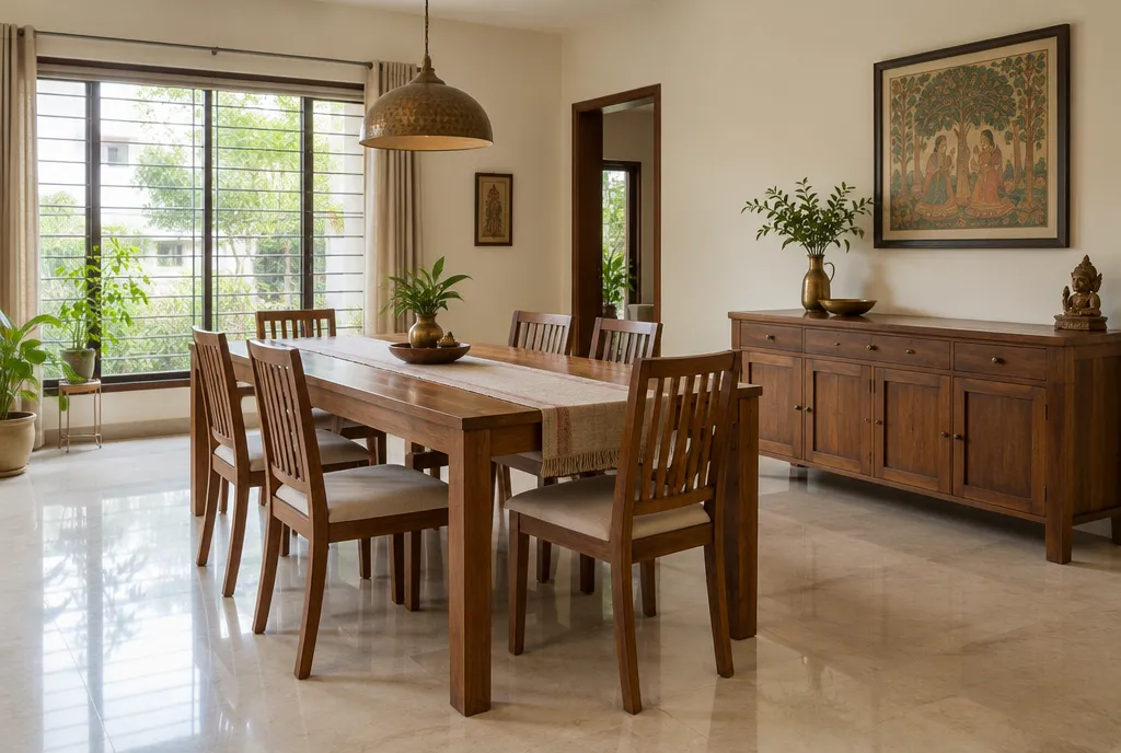 Living room with a sofa, armchairs, coffee table and rug arranged with clear walkways between each piece (2)