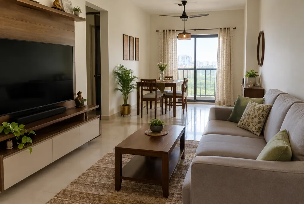 Living room with a sofa, armchairs, coffee table and rug arranged with clear walkways between each piece (4)