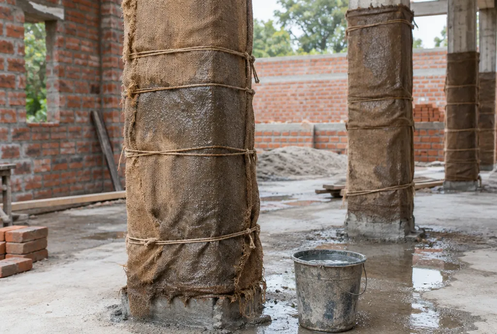 Freshly cast concrete roof slab with shallow ponded water held by small bunds at an Indian building site (2)