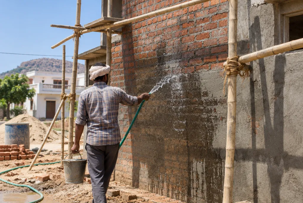 Freshly cast concrete roof slab with shallow ponded water held by small bunds at an Indian building site (3)