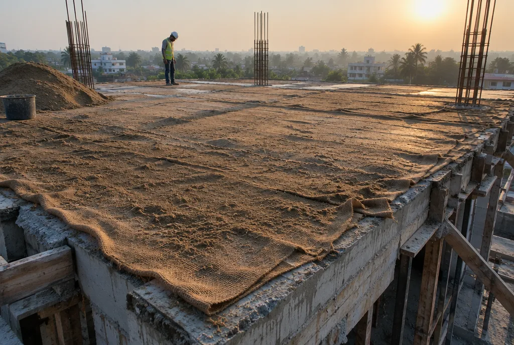 Freshly cast concrete roof slab with shallow ponded water held by small bunds at an Indian building site (4)