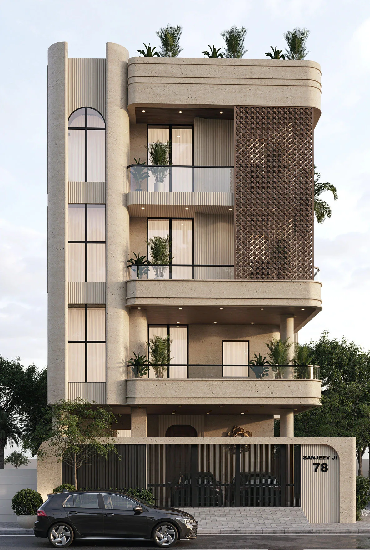Sanjeev Maheshwari Residence in Jaipur: four-storey beige home with a tall arched window