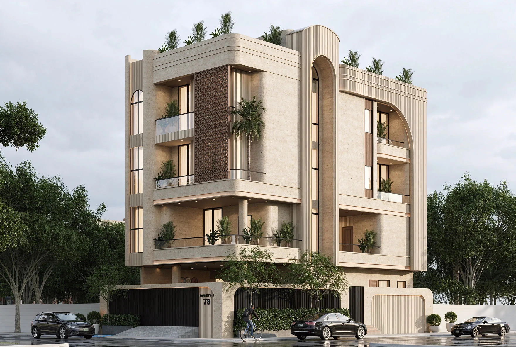 Sanjeev Maheshwari Residence street view with rounded corners, balconies and jali screens