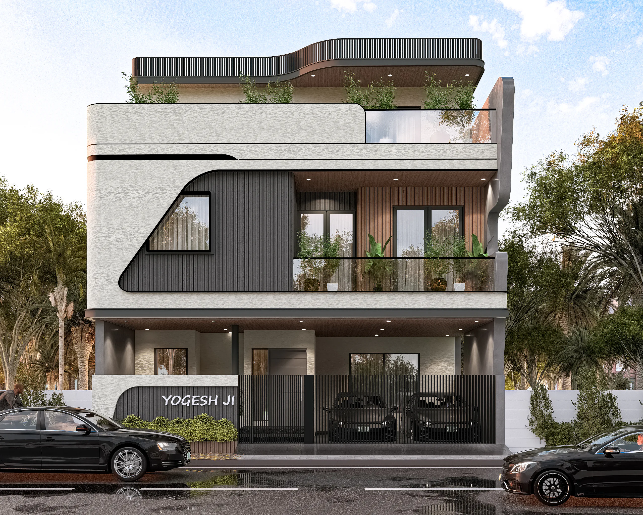 Yogesh Residence in Jaipur: contemporary home with a sweeping white curve and charcoal fluted panel