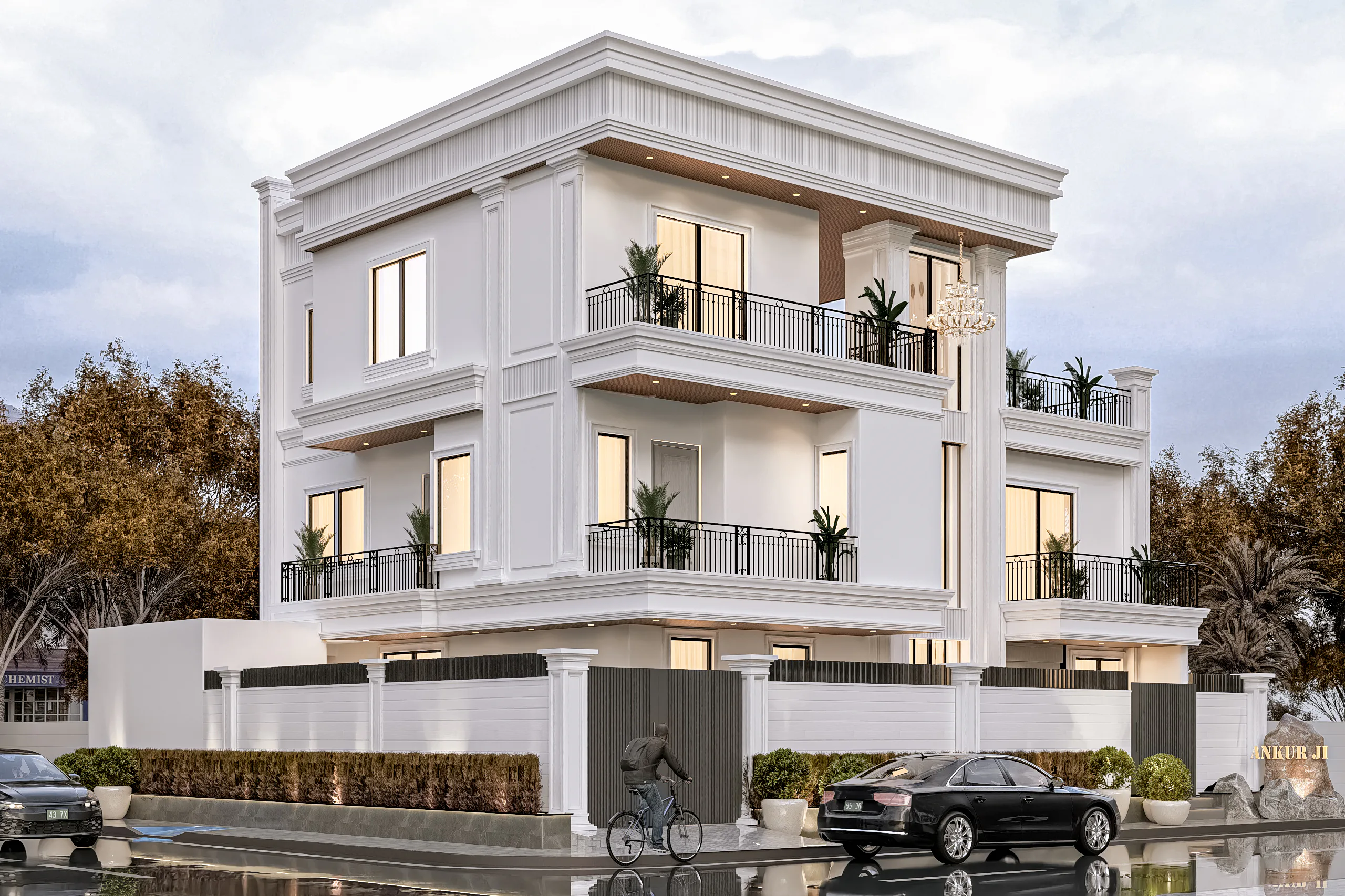 Ankur Bhatnagar Residence in Jaipur: classic white three-storey home with black railings