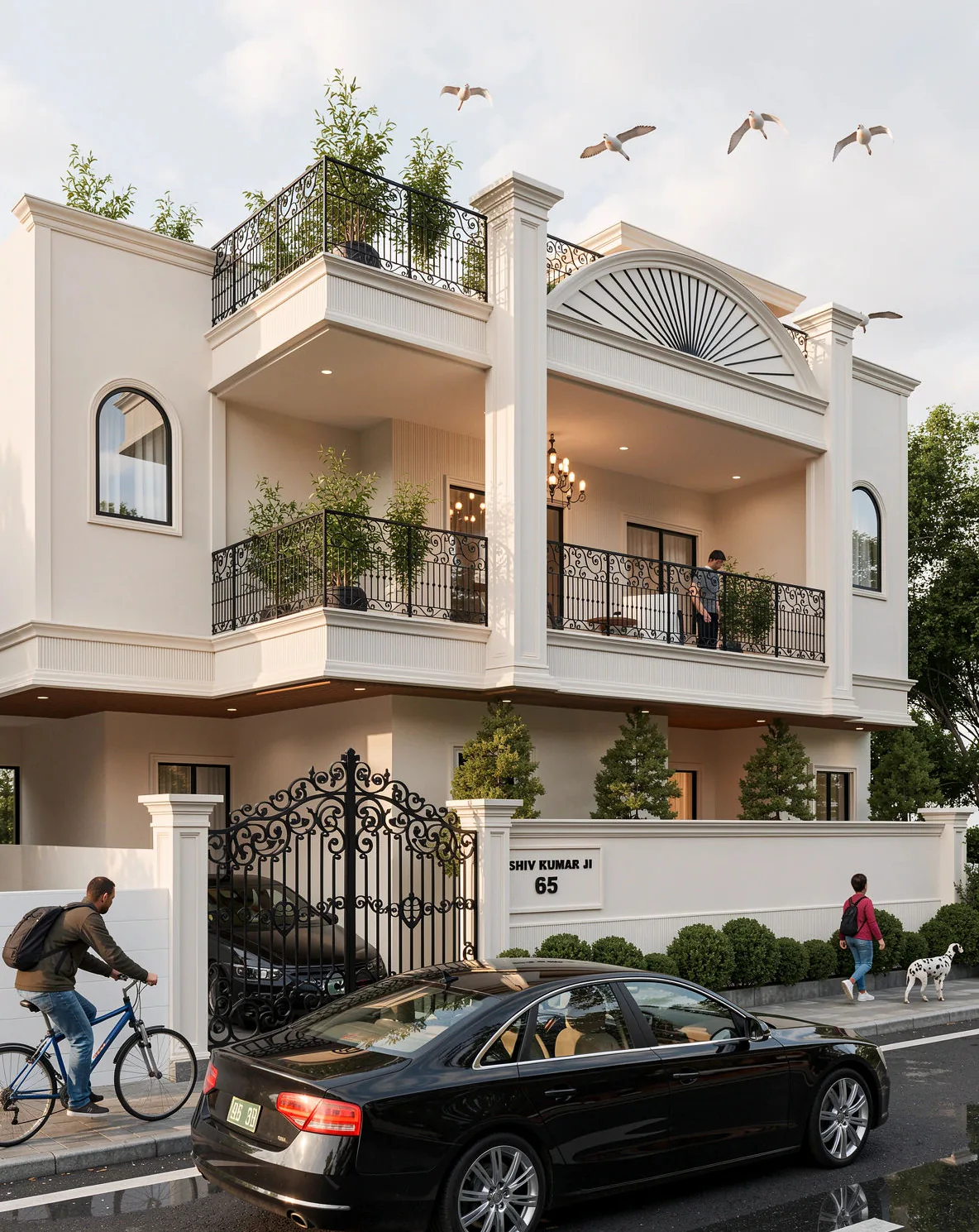 Shiv Kumar Residence in Jaipur: classical white home with a sunburst arch and wrought-iron balconies