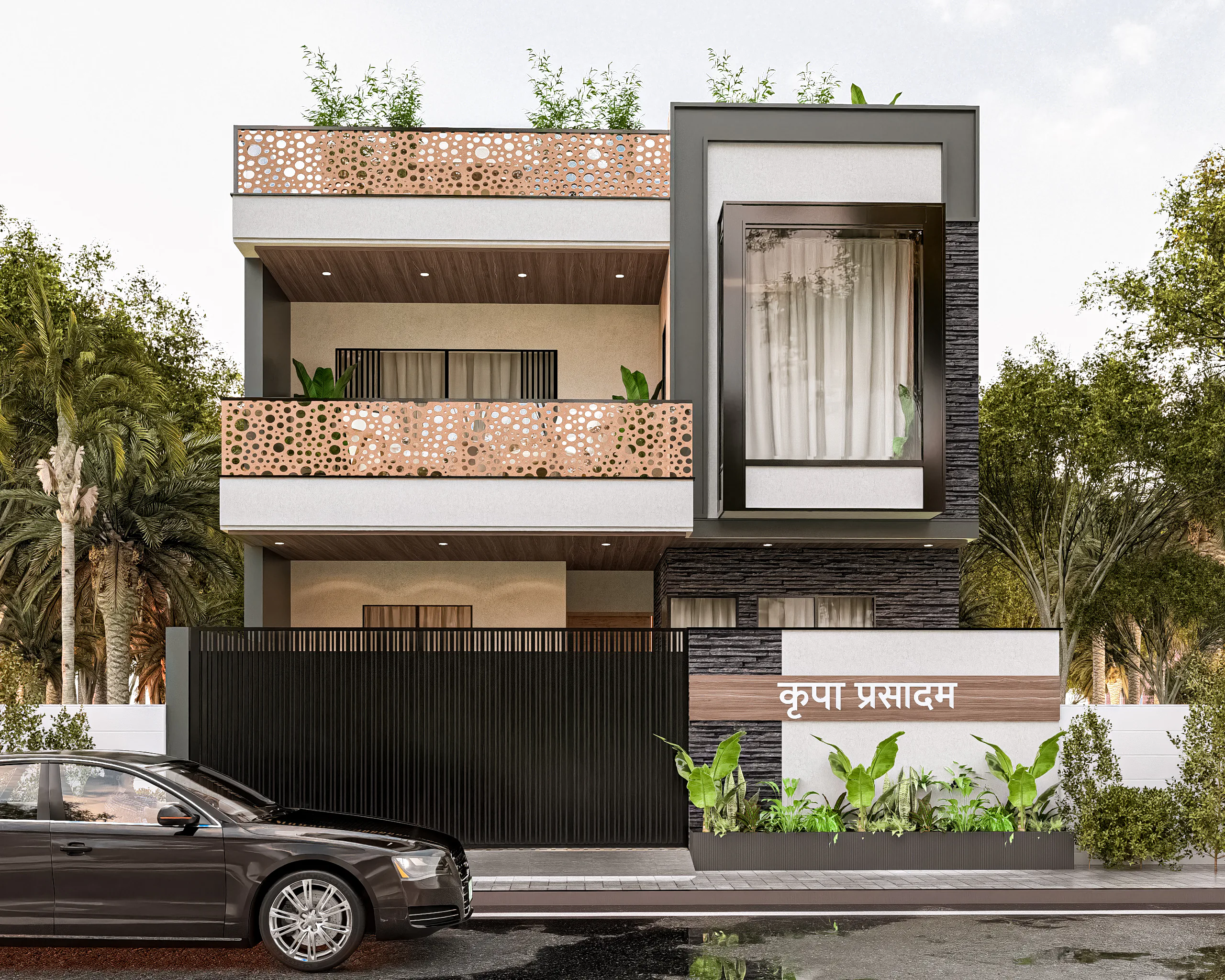 Vipul Residence front view with laser-cut jali panels, a framed glass bay and a slatted gate
