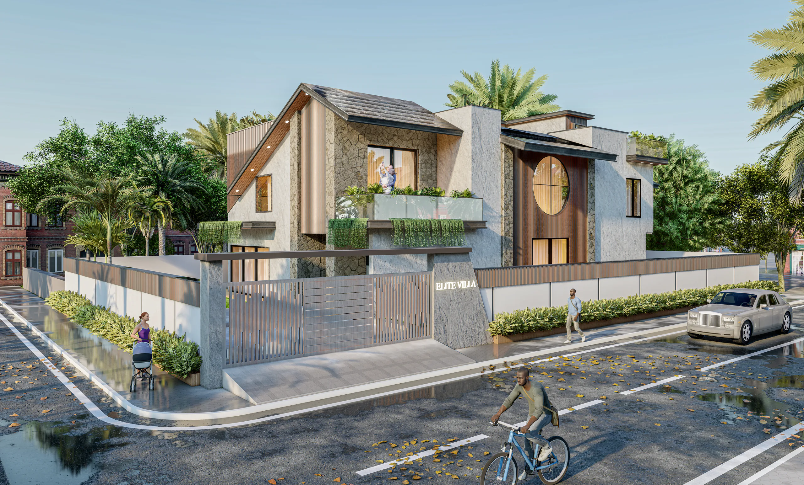 Ravi Vijay Residence in Jaipur: corner view of a modern villa with sloping roofs