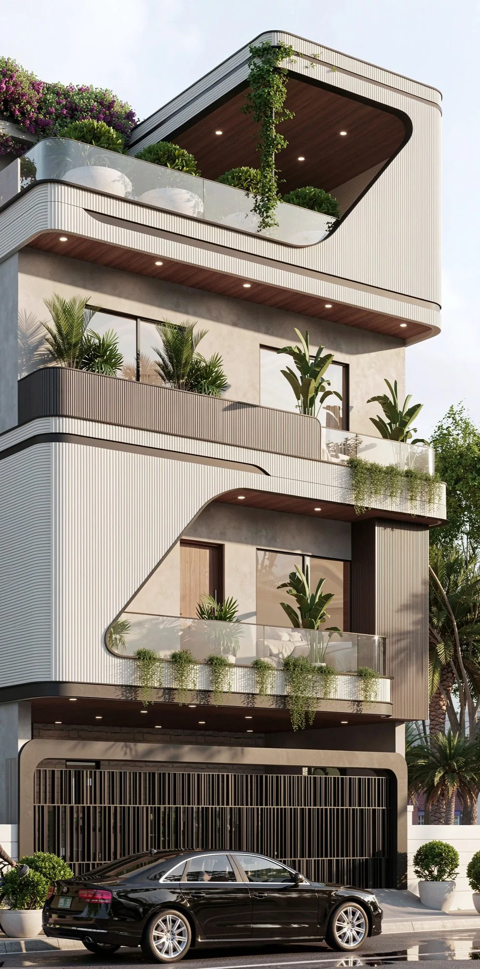 Pulkit Residence in Jaipur: four-storey home with rounded fluted bands and planted balconies