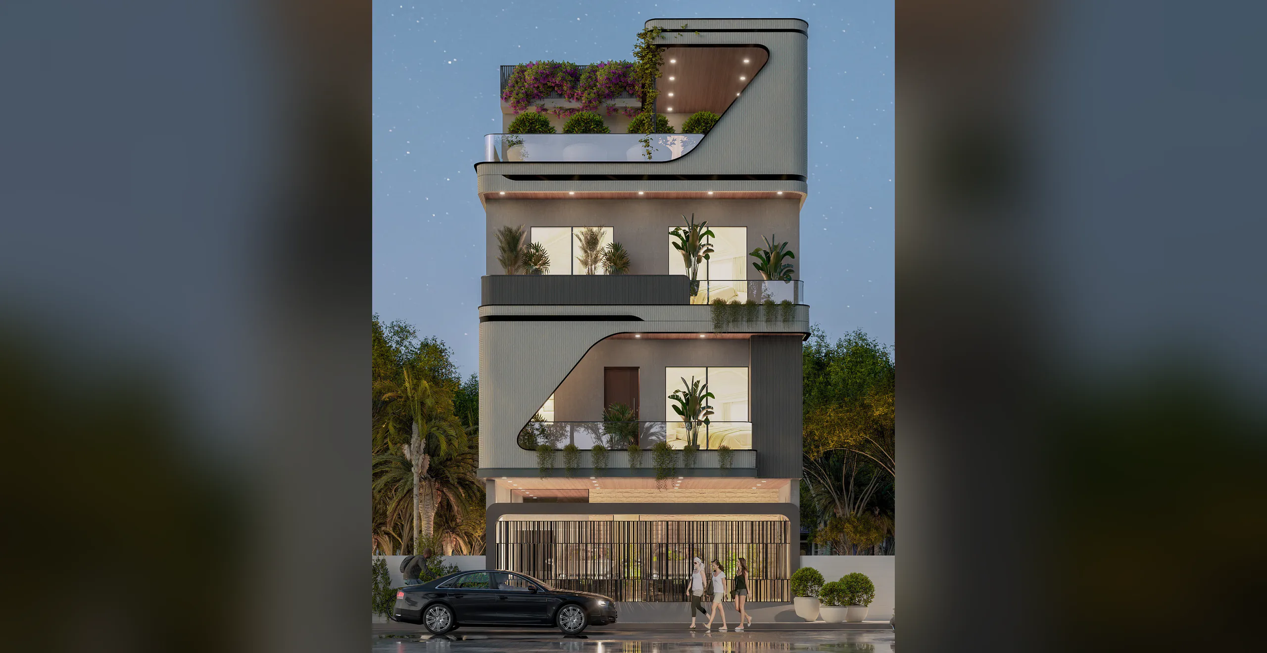 Pulkit Residence at night with lit balconies and a roof garden