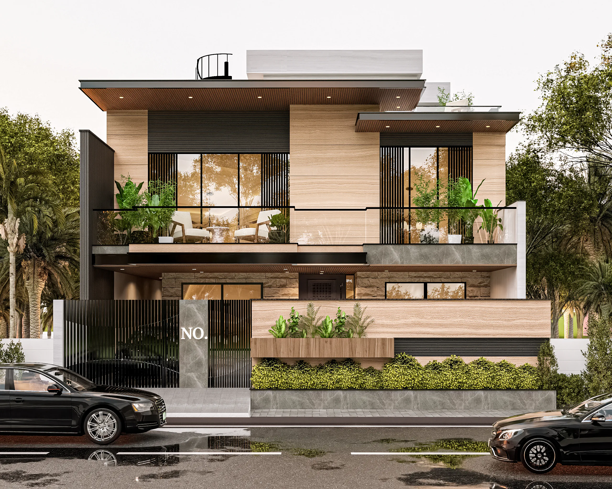 Ram Residence street view with floating roofs, a glass-railed balcony and landscaped frontage