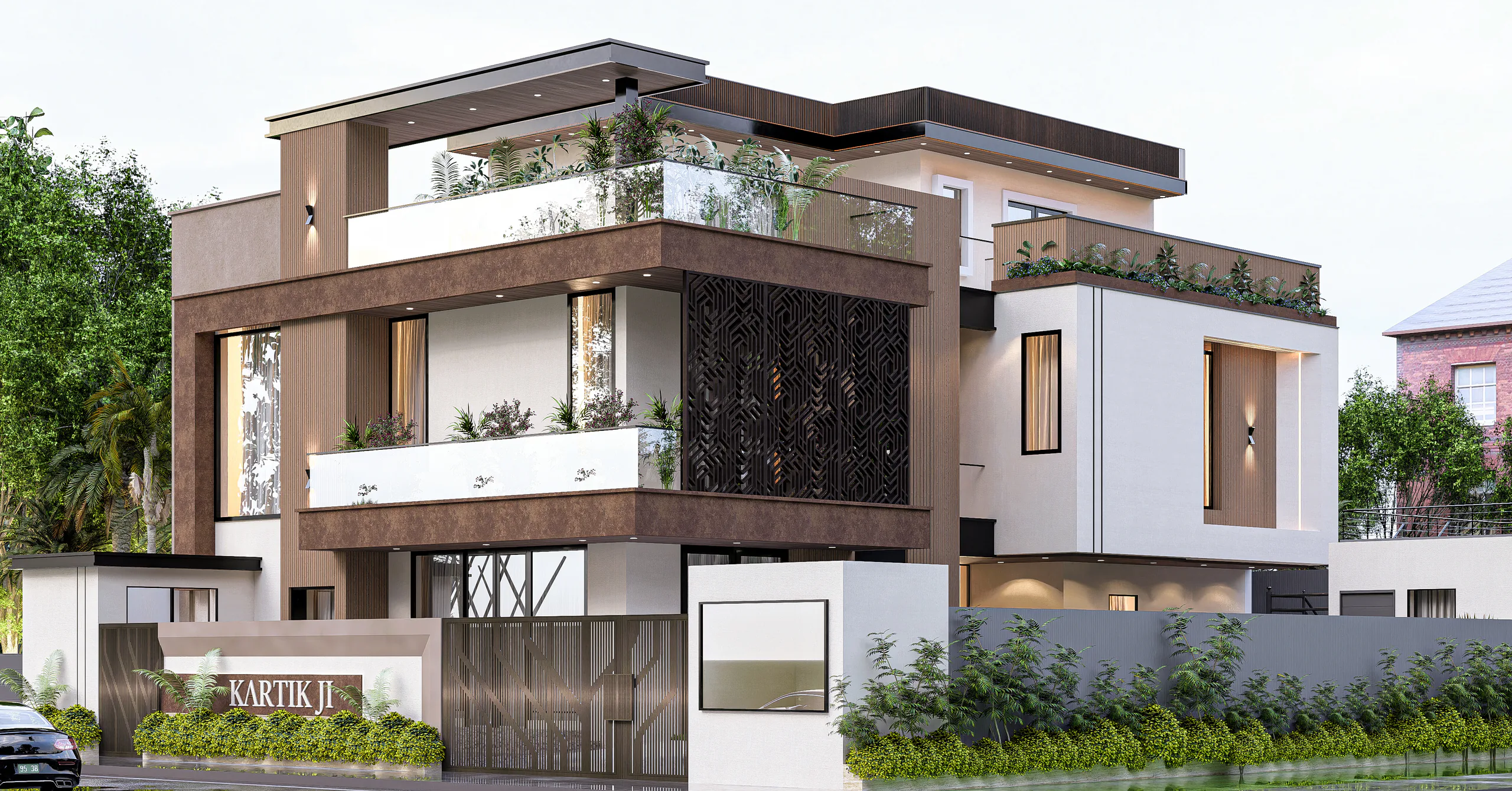 Kartik Residence corner view with cantilevered balconies and a roof terrace