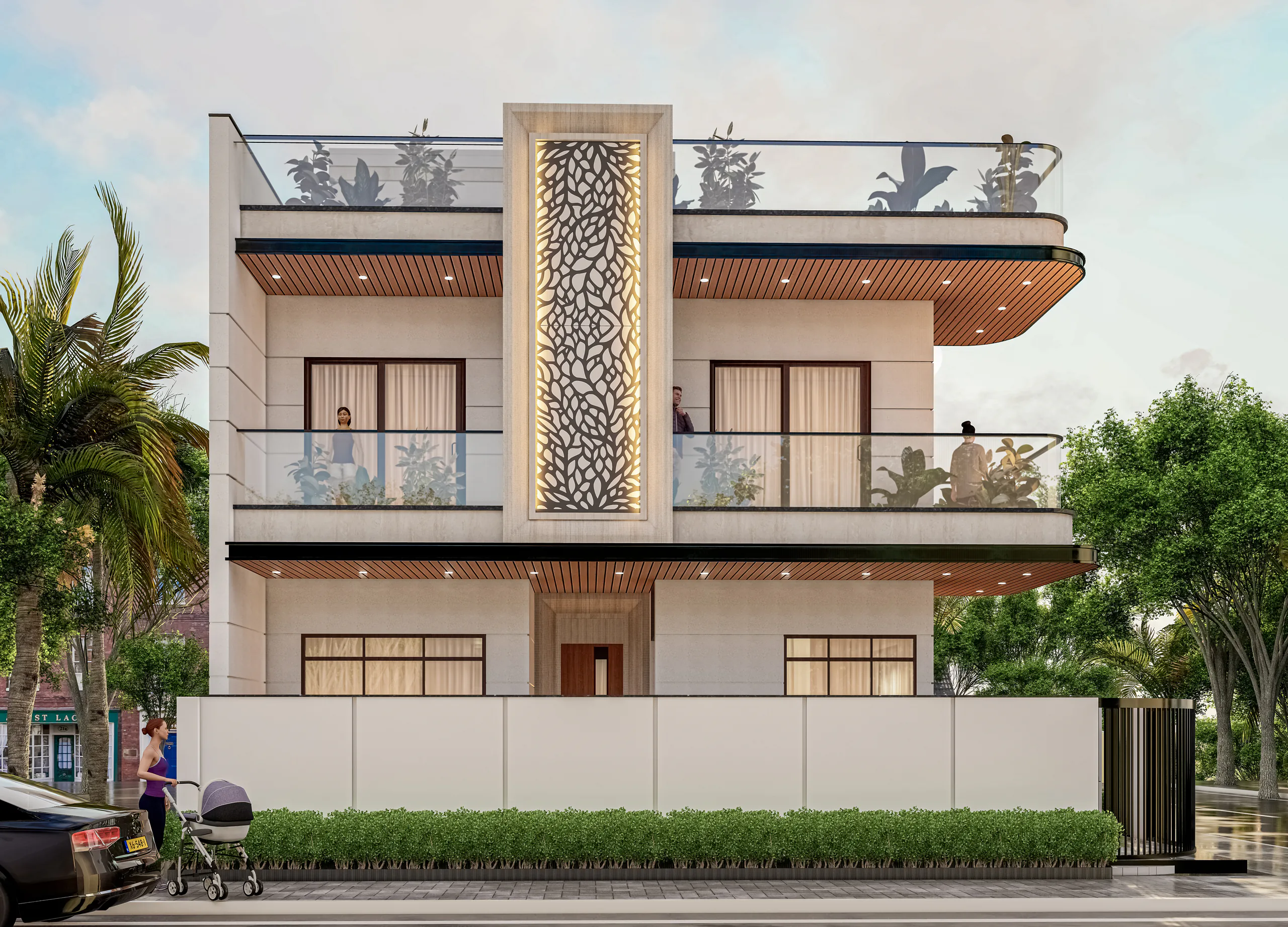 Uday Meena Residence in Jaipur: cream contemporary home with a full-height jali panel