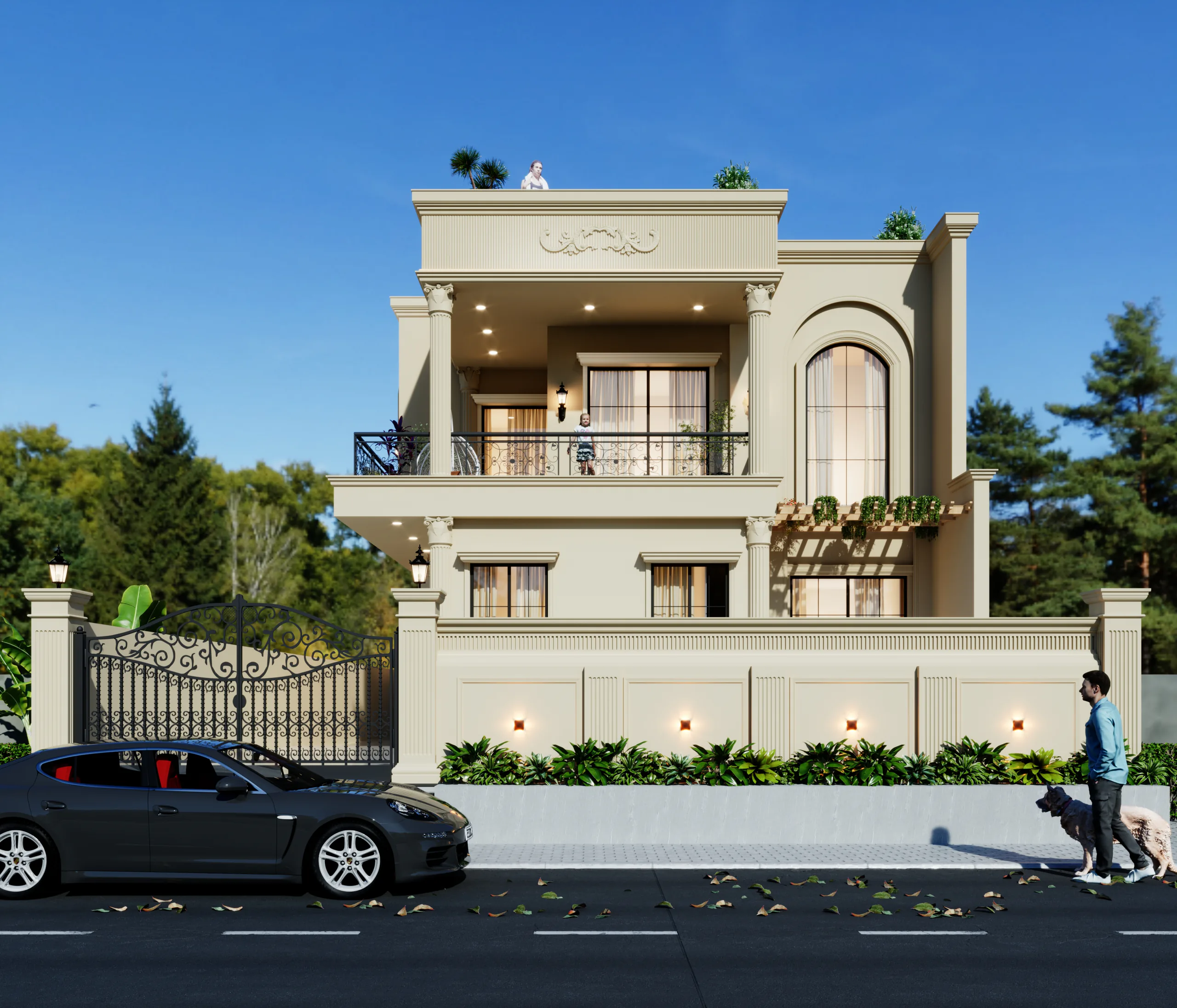 Jatin Residence in Jaipur: classical beige villa with columns and an ornate iron gate