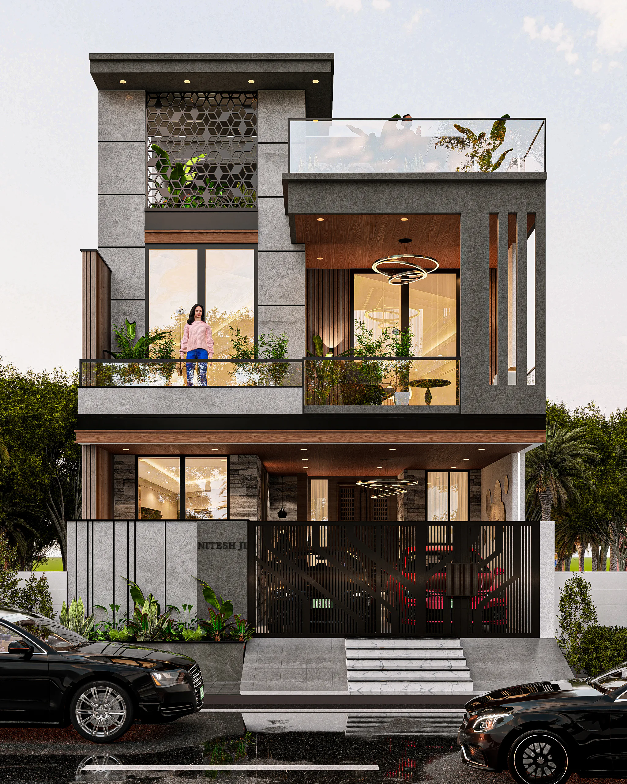 Nitesh Sharma Residence in Jaipur: three-storey contemporary home in grey stone and timber
