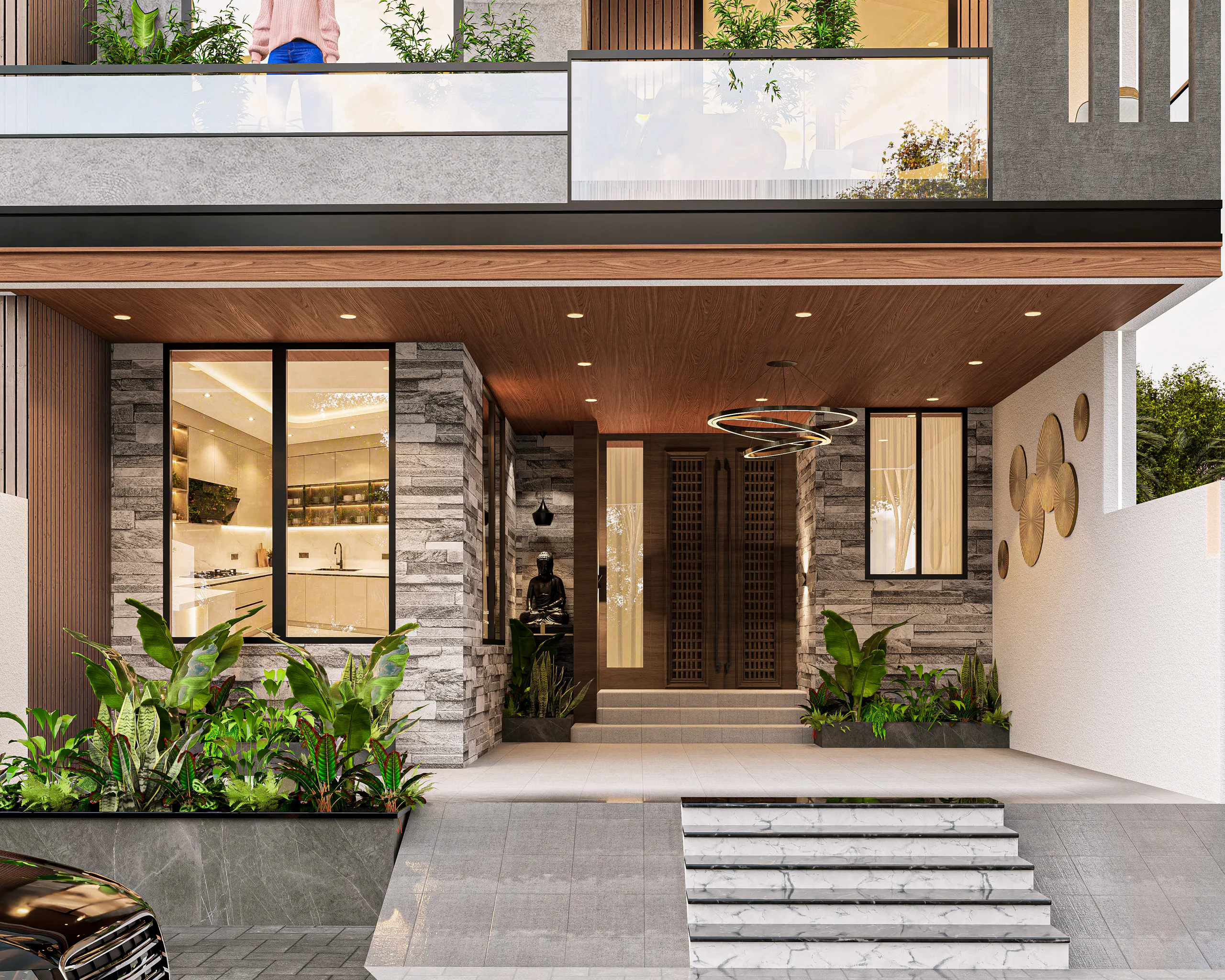 Nitesh Sharma Residence entrance with marble steps, stacked stone and a timber door