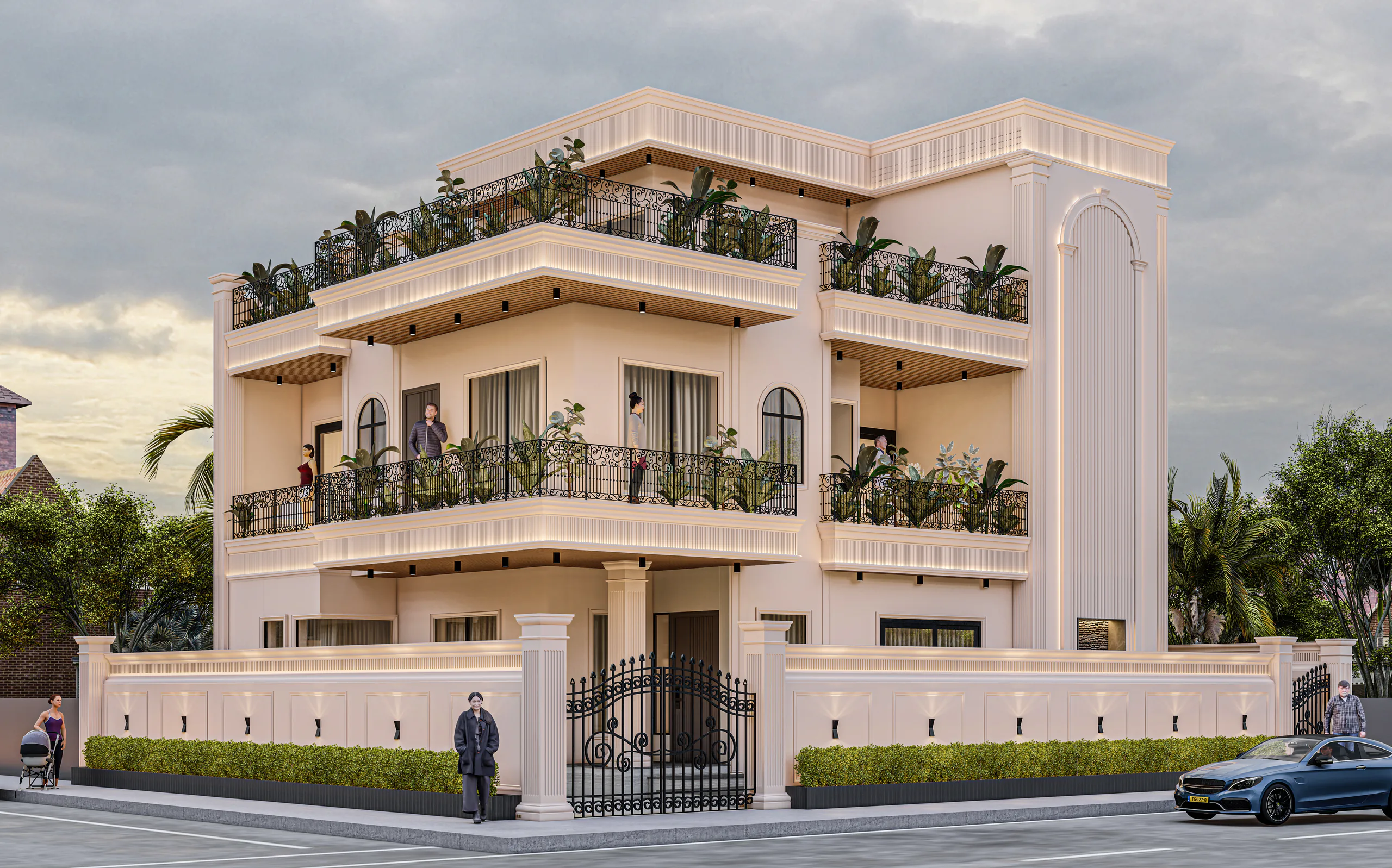Surendra Luthra Residence corner view with planted balconies and a pillared boundary wall